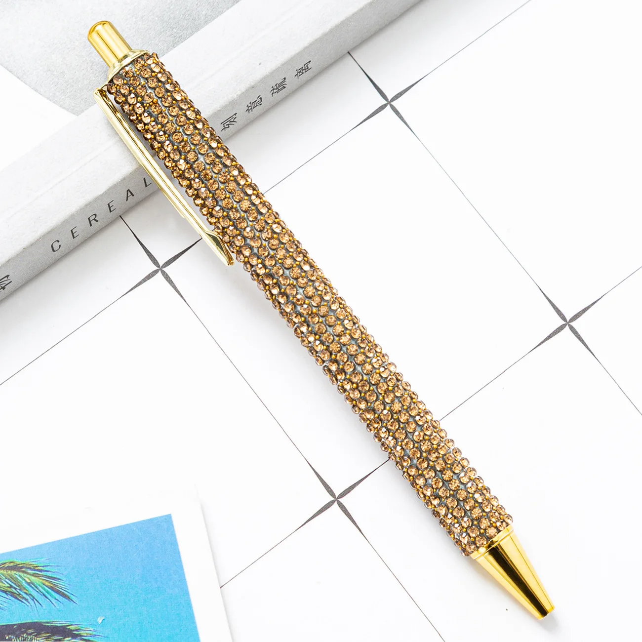 Custom Wholesale Diamond Covered Rose Gold Metal Glitter Rhinestone Ballpoint Pen for Stationery School Office Supply