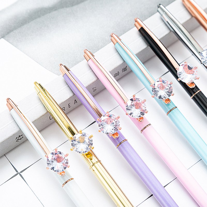 Promotional Custom Metal Click Slim Pens With Rose Gold Metal With Diamond Engraved Printed Logo writing ballpoint pen
