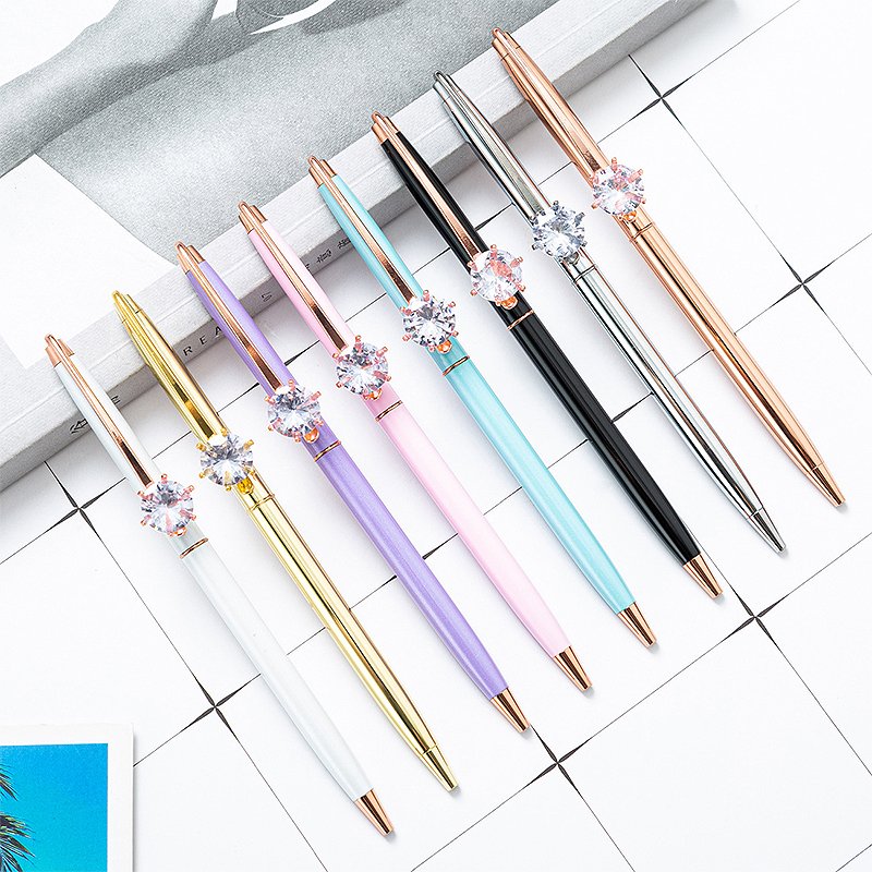Promotional Custom Metal Click Slim Pens With Rose Gold Metal With Diamond Engraved Printed Logo writing ballpoint pen