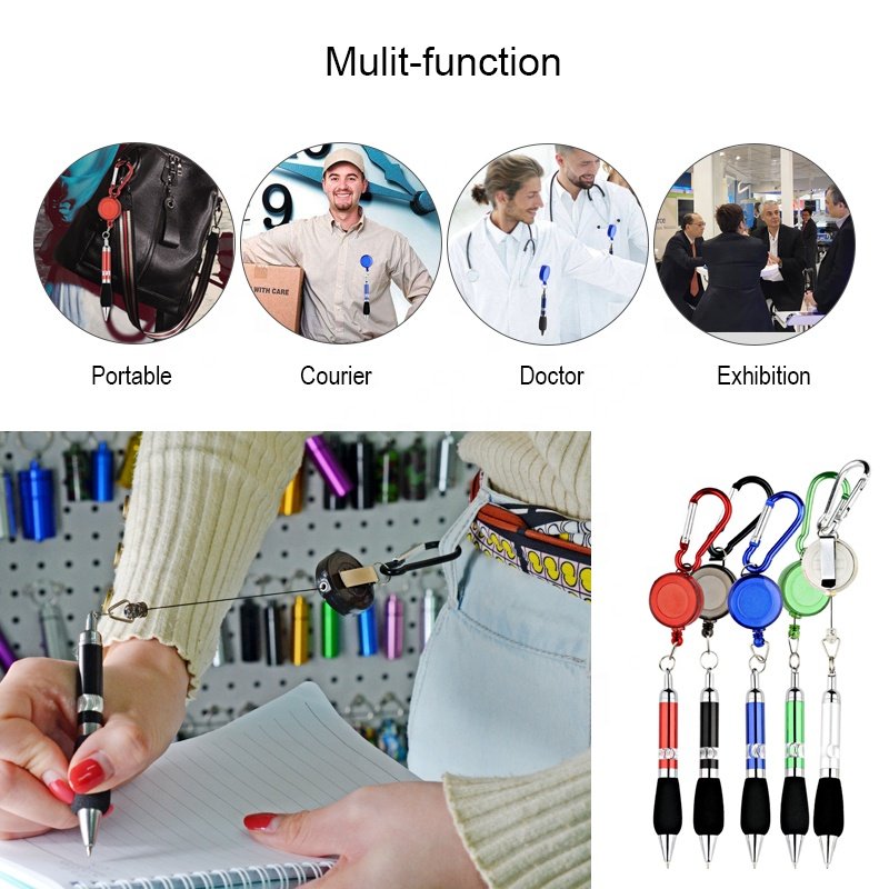 Promotion Travel Retractable Ballpoint Pen Carabiner Multifunctional Clip On Briefcase Keychain