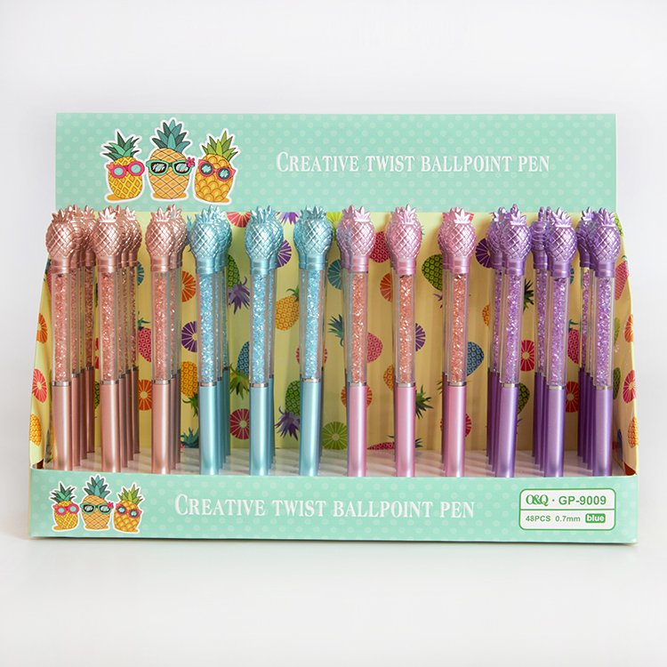 OQ Factory Price crystal sand pens holder creative twist ballpoint pen Cute pineapple decoration on top for gift stationery