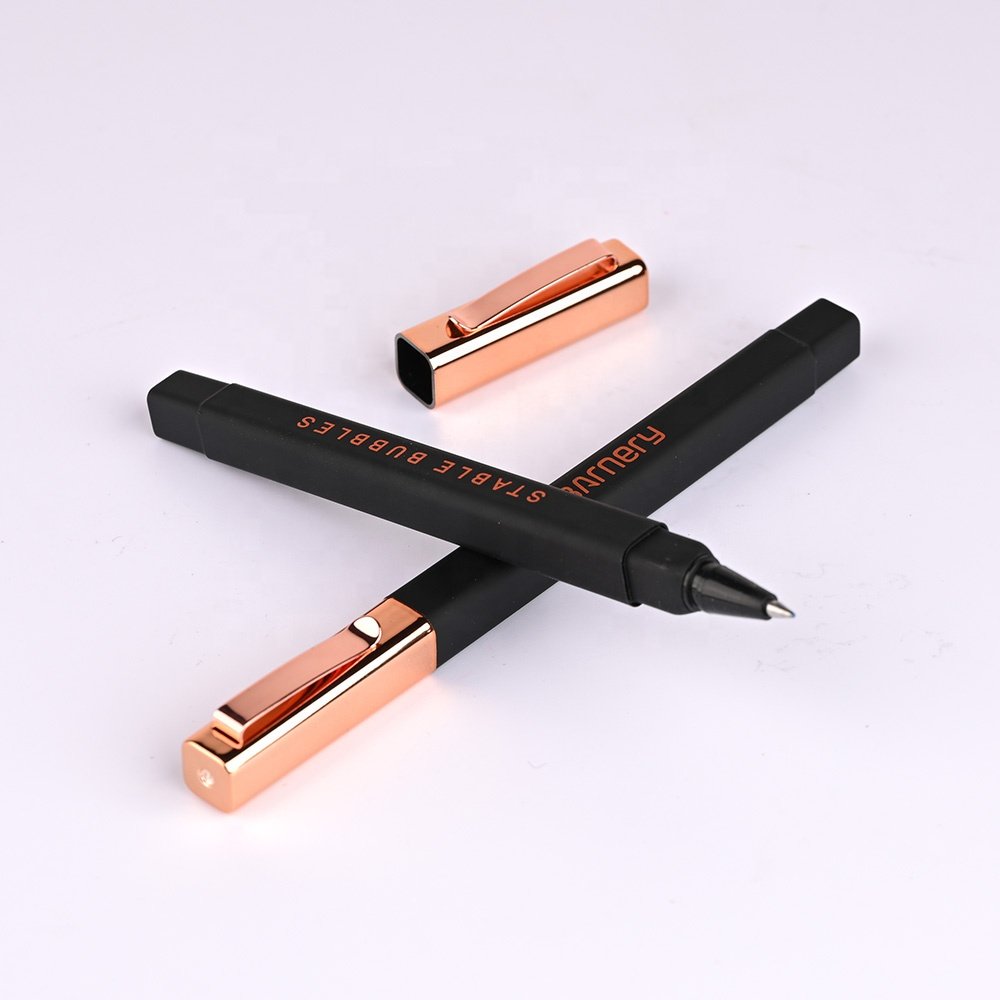 High quality luxury gold clip rubber square hotel ball pen with custom logo