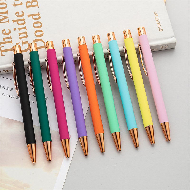 custom logo laser engraved rose gold metal pen with soft touch rubber metal personalized ballpoint pen rose gold trim