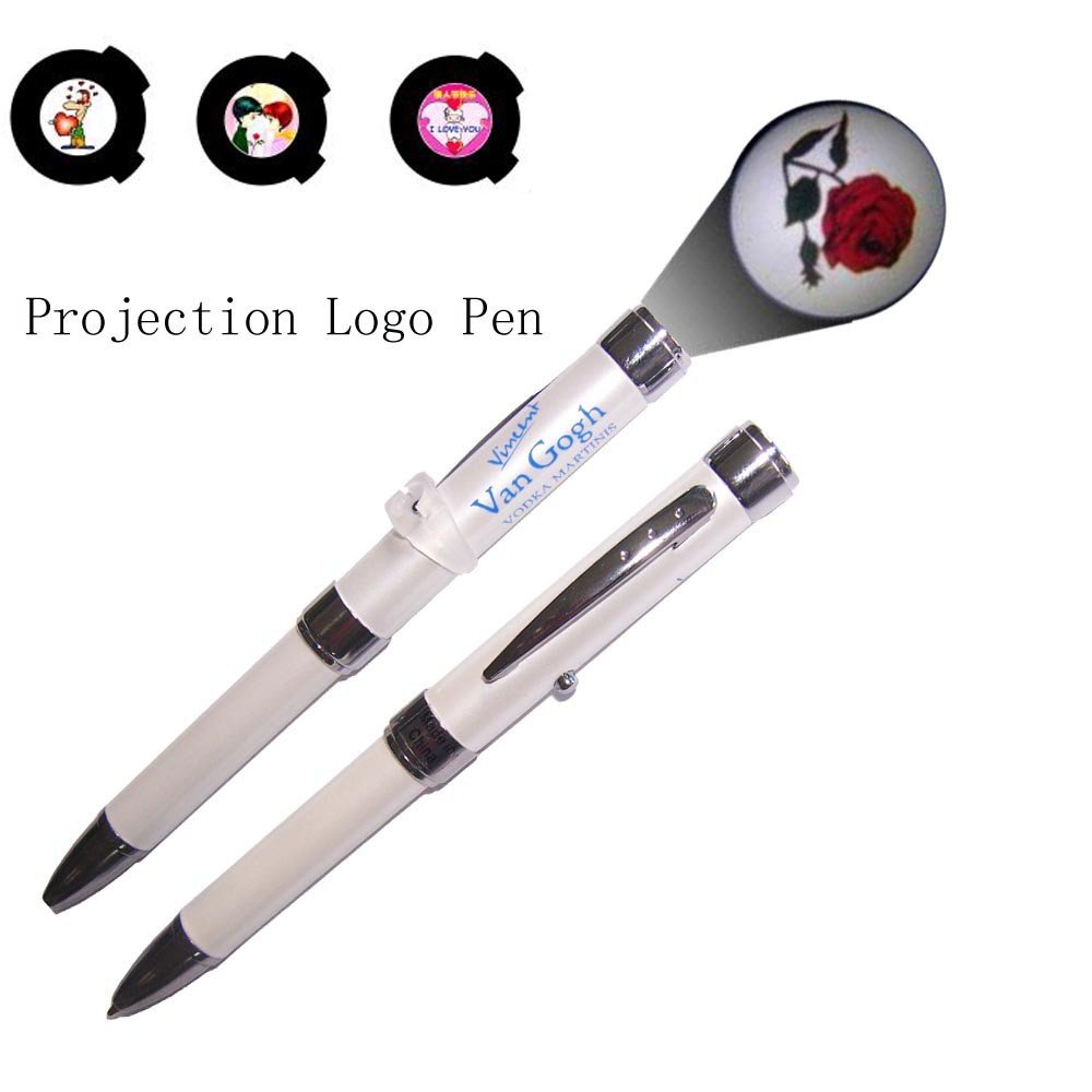 Custom Logo Projector LED Flashlight Pen Low MOQ Aluminum OEM Office School Ballpoint Pen Novelty Click Body 1.0mm Writing Gifts