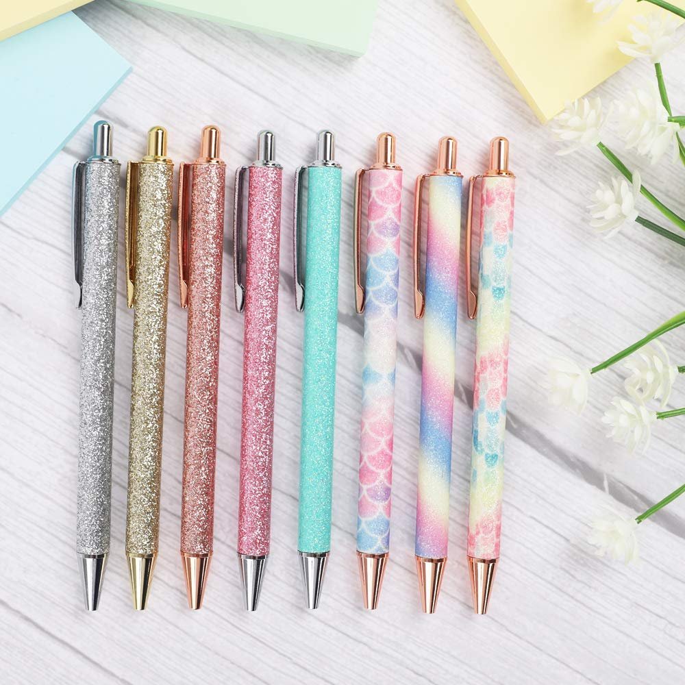 Glitter Ballpoint Pens Retractable Black Ink Pens Metal Medium Point Ballpoint Pen,
