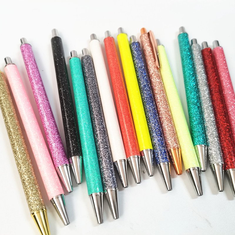 PU Bling Glitter Wrap Ballpoint Resin Epoxy Click Pen Colorful Metal Retractable Pen Bling Gift Ink Pens For Wedding Gift