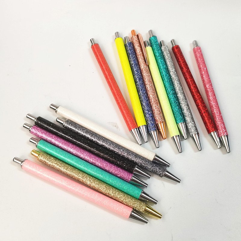 PU Bling Glitter Wrap Ballpoint Resin Epoxy Click Pen Colorful Metal Retractable Pen Bling Gift Ink Pens For Wedding Gift