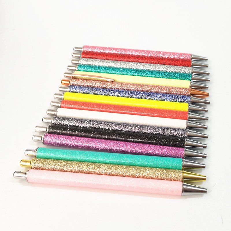 PU Bling Glitter Wrap Ballpoint Resin Epoxy Click Pen Colorful Metal Retractable Pen Bling Gift Ink Pens For Wedding Gift