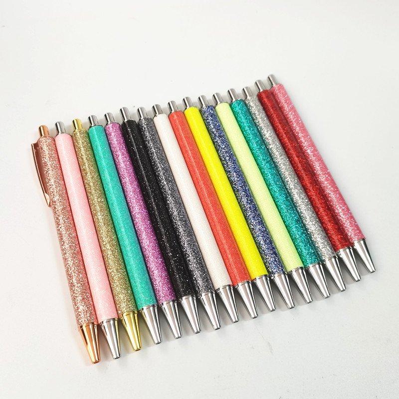PU Bling Glitter Wrap Ballpoint Resin Epoxy Click Pen Colorful Metal Retractable Pen Bling Gift Ink Pens For Wedding Gift