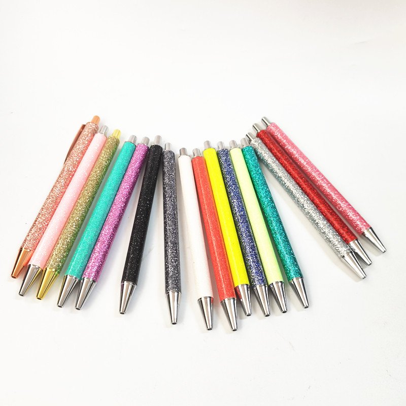 PU Bling Glitter Wrap Ballpoint Resin Epoxy Click Pen Colorful Metal Retractable Pen Bling Gift Ink Pens For Wedding Gift
