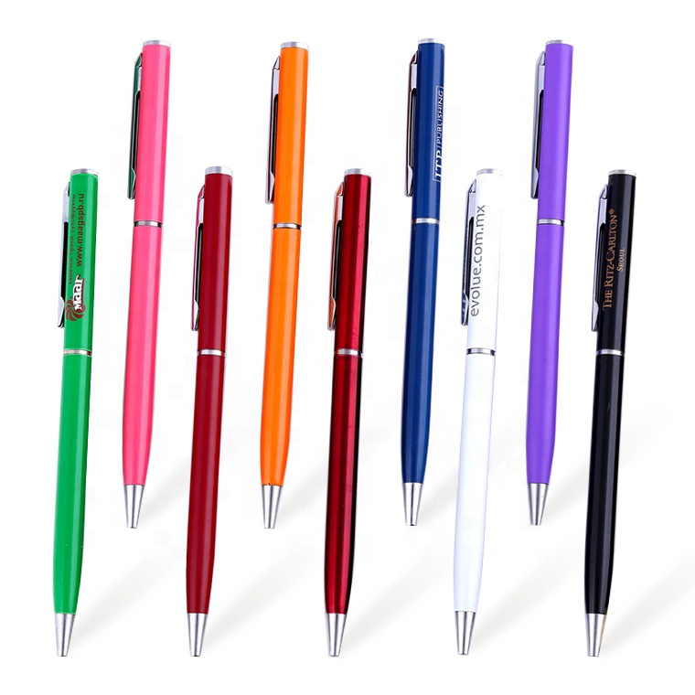 2022 Gift Promotional Ball Pen Customized Logo Black White Slim Metal Body Twist Ballpoint Pen