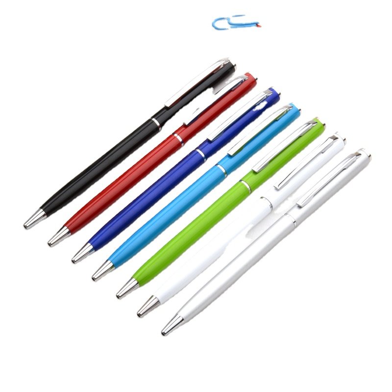 2022 Gift Promotional Ball Pen Customized Logo Black White Slim Metal Body Twist Ballpoint Pen