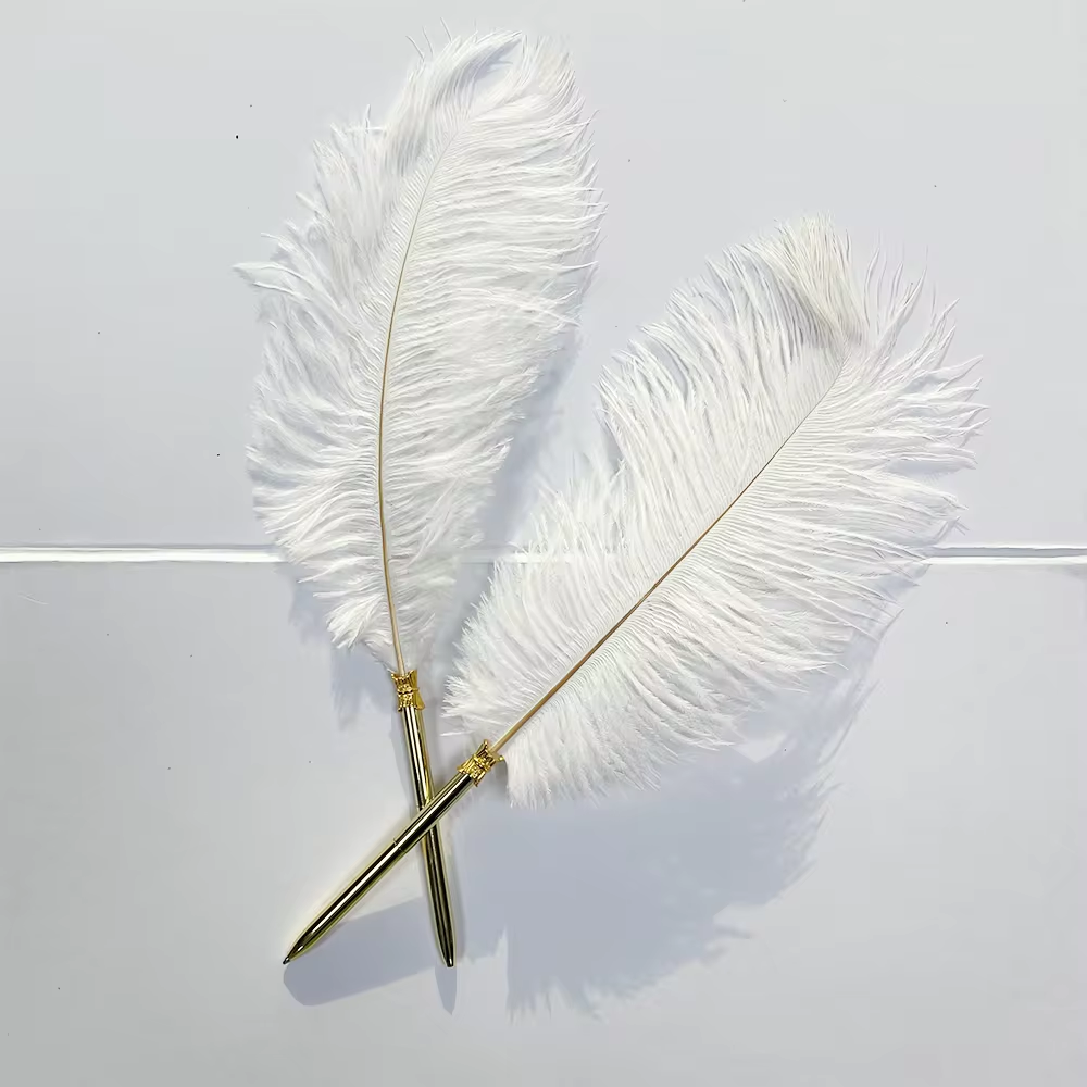 Colorful Retro Vintage wedding metal ballpoint pen decorative real natural ostrich feather pen quill pens