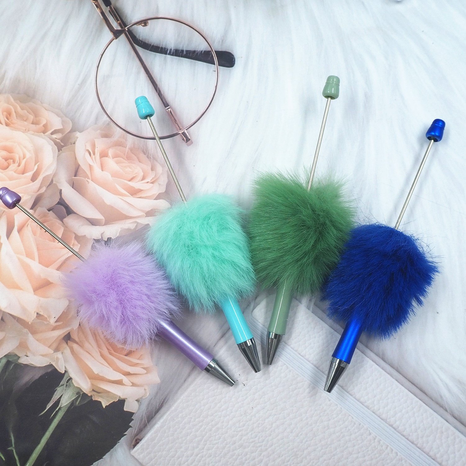 Wholesale School Office Supplies Plush Writing Pens Colorful Ballpoint Pen Fluffy Beaded Pen