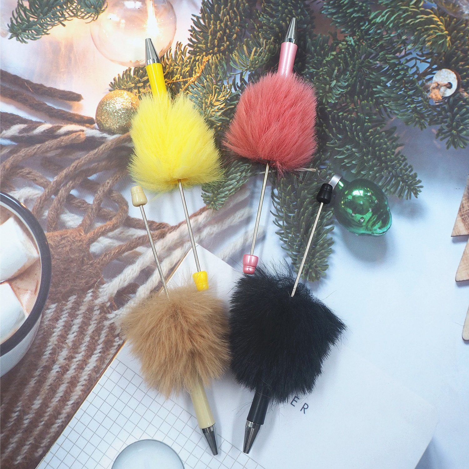 Wholesale School Office Supplies Plush Writing Pens Colorful Ballpoint Pen Fluffy Beaded Pen