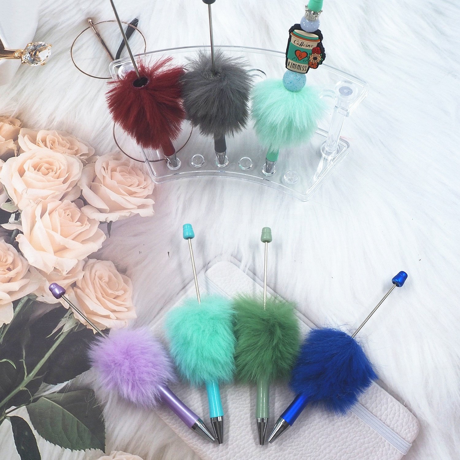 Wholesale School Office Supplies Plush Writing Pens Colorful Ballpoint Pen Fluffy Beaded Pen