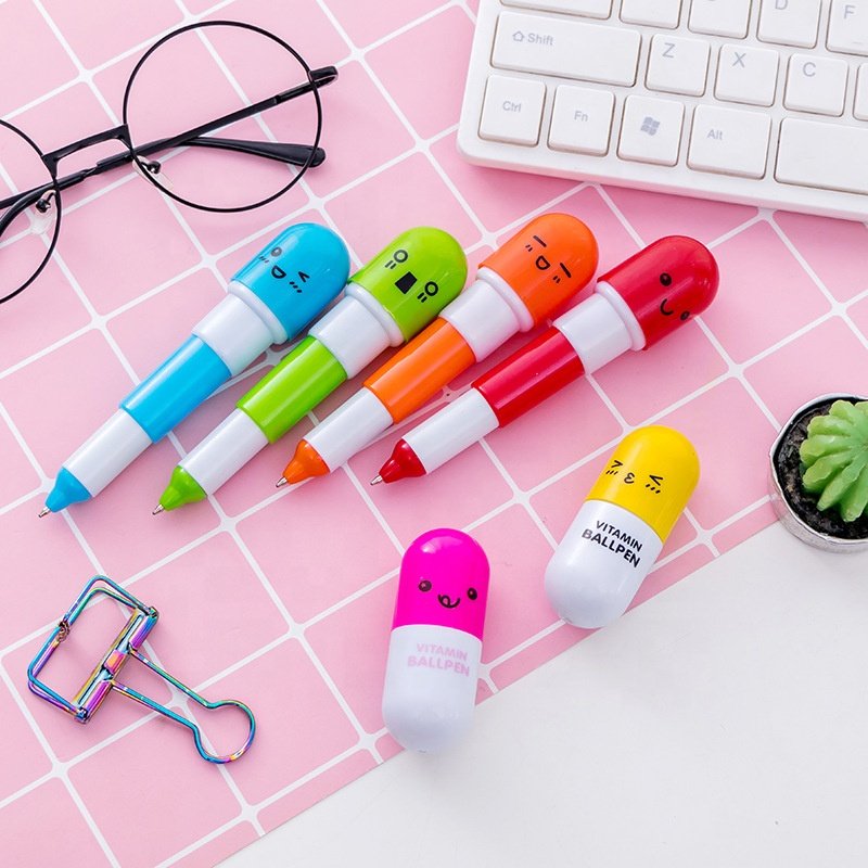 Cheap medical vitamin pill shape mini plastic retractable capsule pen