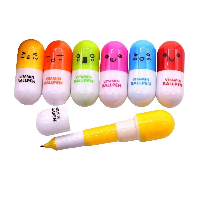 Cheap medical vitamin pill shape mini plastic retractable capsule pen