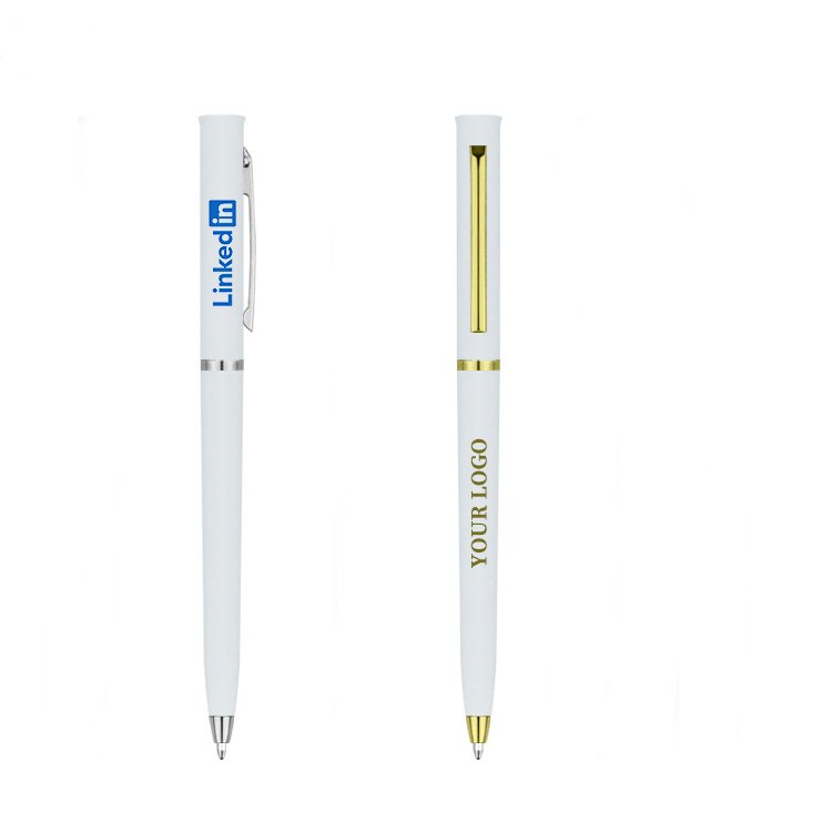 Promotional metal ballpoint pens with custom logos, available in various colors