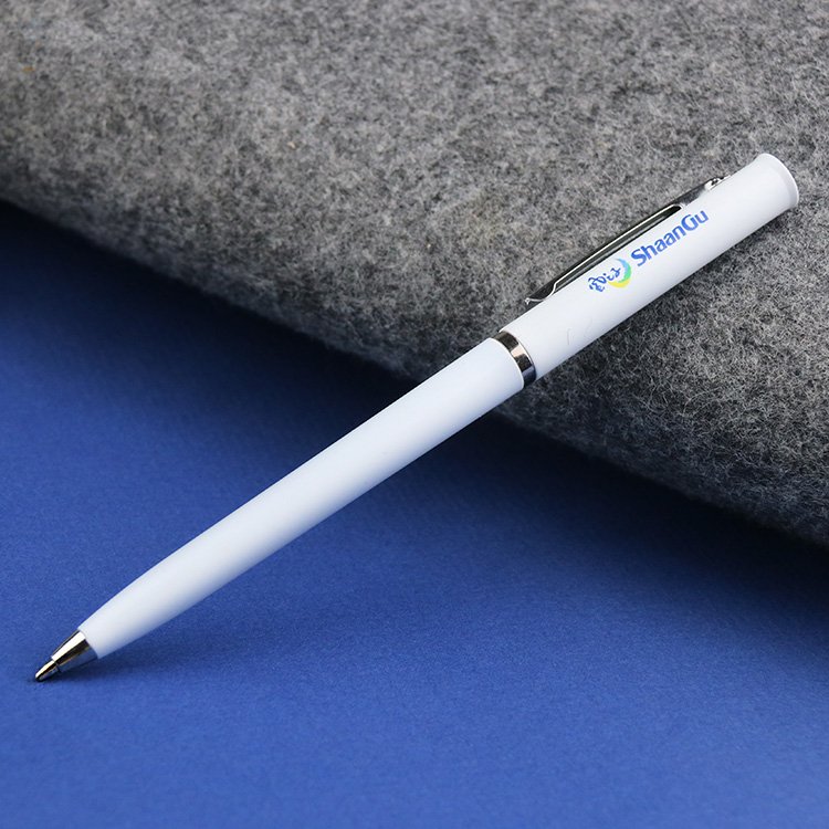 Promotional metal ballpoint pens with custom logos, available in various colors