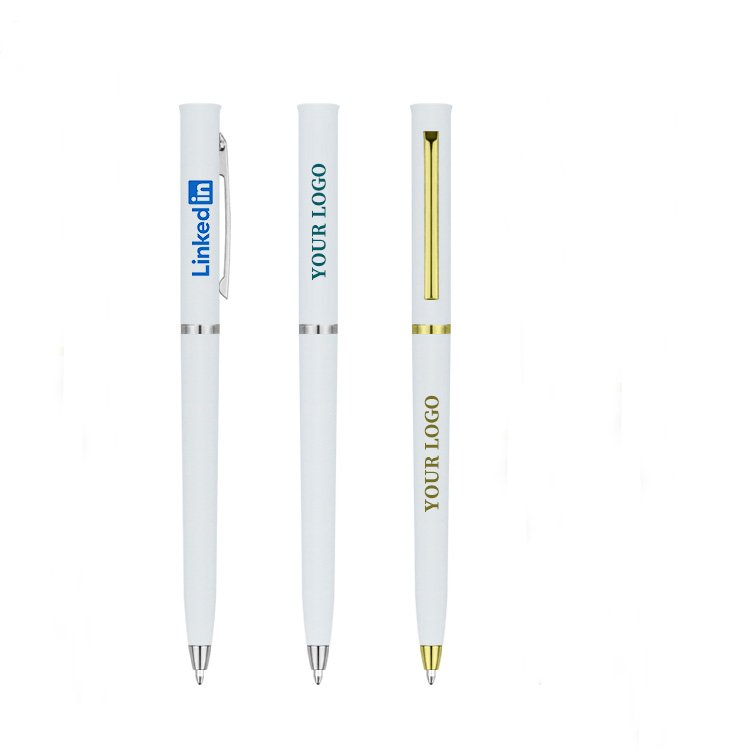 Promotional metal ballpoint pens with custom logos, available in various colors