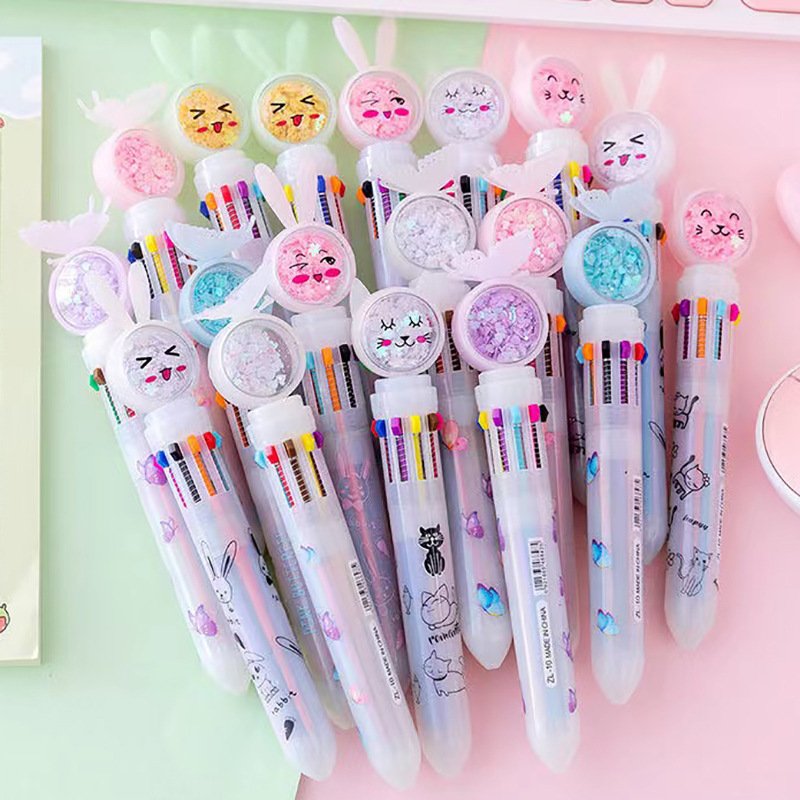 High Quality Cartoon Ten Color Plastic Ballpoint Pen Cute Style Press-to-write with Various Ornaments