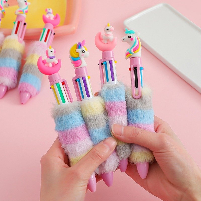 Cartoon plush unicorn ballpoint pen for girls, six color multi neutral pen, cute children's writing stationery wholesale