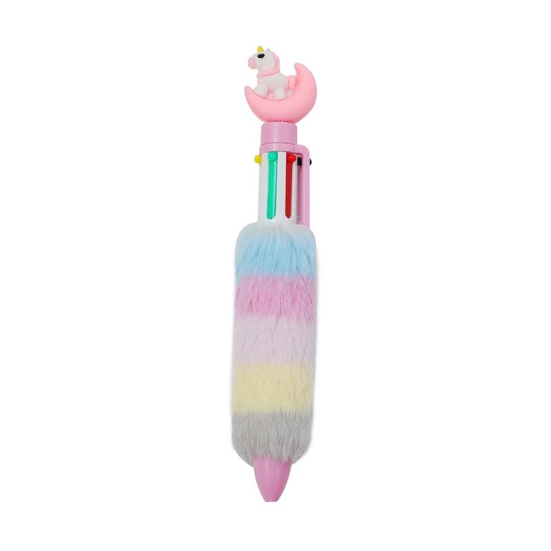 Cartoon plush unicorn ballpoint pen for girls, six color multi neutral pen, cute children's writing stationery wholesale