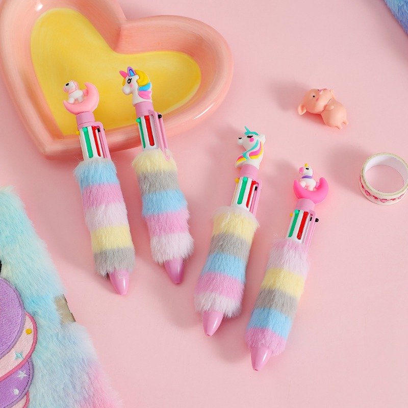 Cartoon plush unicorn ballpoint pen for girls, six color multi neutral pen, cute children's writing stationery wholesale
