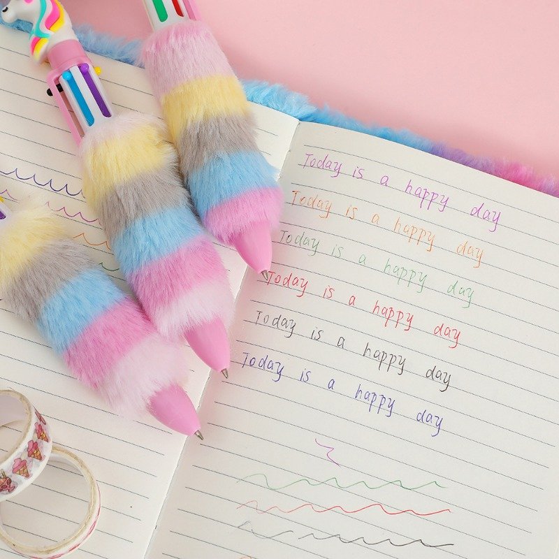 Cartoon plush unicorn ballpoint pen for girls, six color multi neutral pen, cute children's writing stationery wholesale