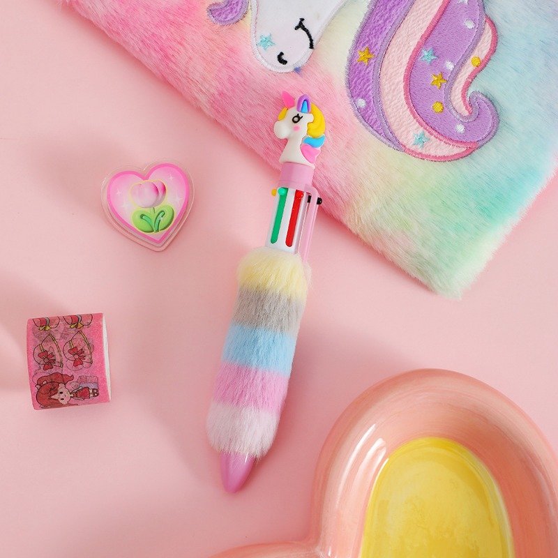 Cartoon plush unicorn ballpoint pen for girls, six color multi neutral pen, cute children's writing stationery wholesale