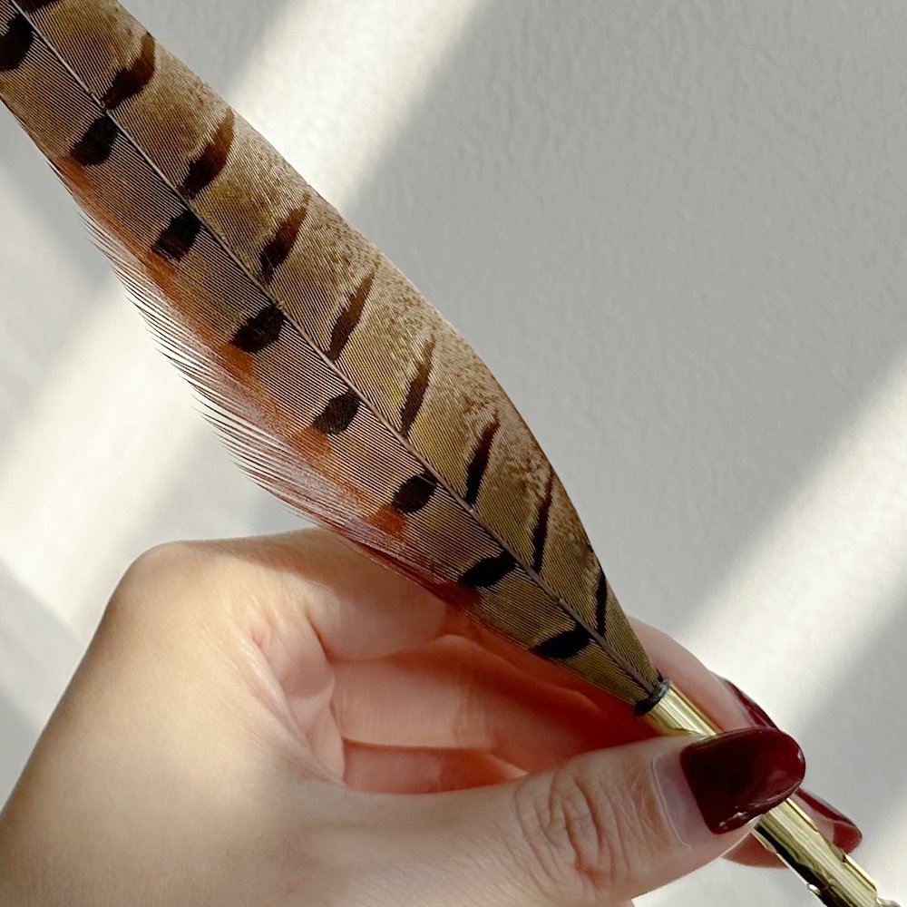 Custom size chicken feather golden pheasant tail quill pen with metal gold pen barrel dip ink calligraphy pen nib