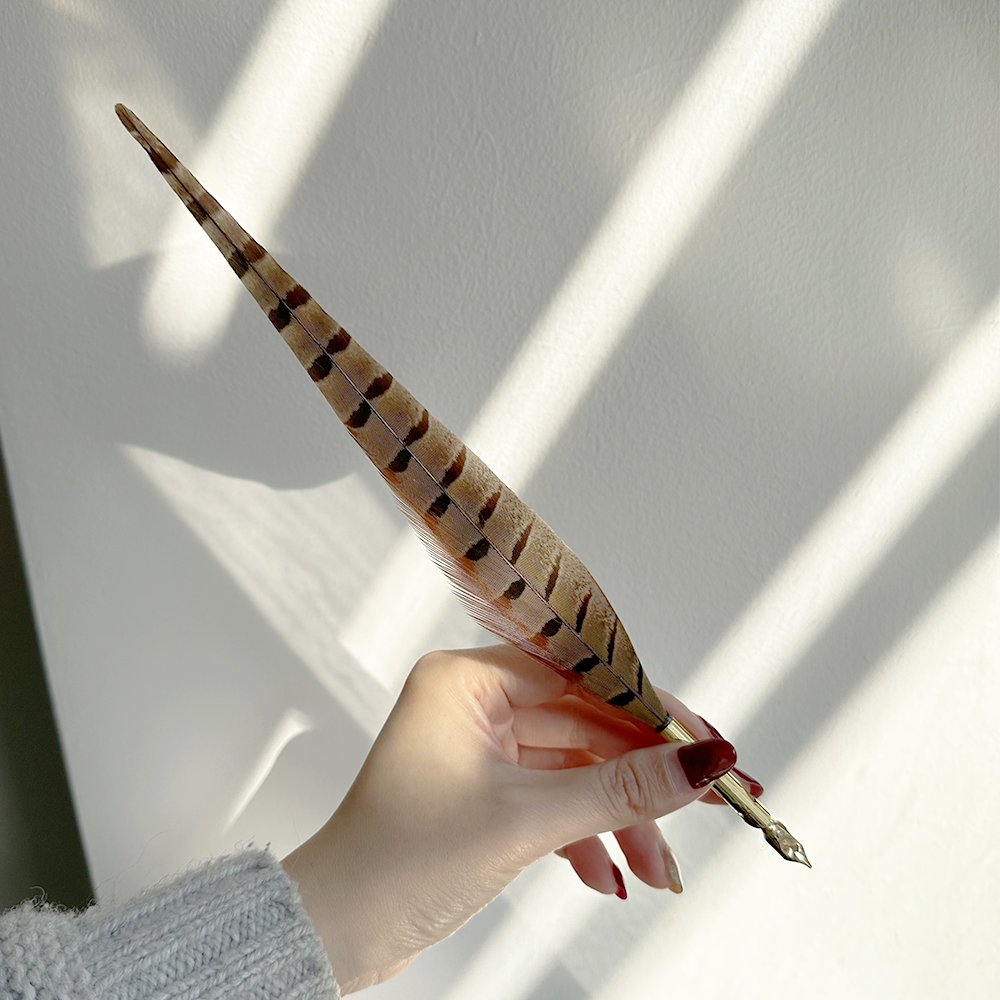 Custom size chicken feather golden pheasant tail quill pen with metal gold pen barrel dip ink calligraphy pen nib