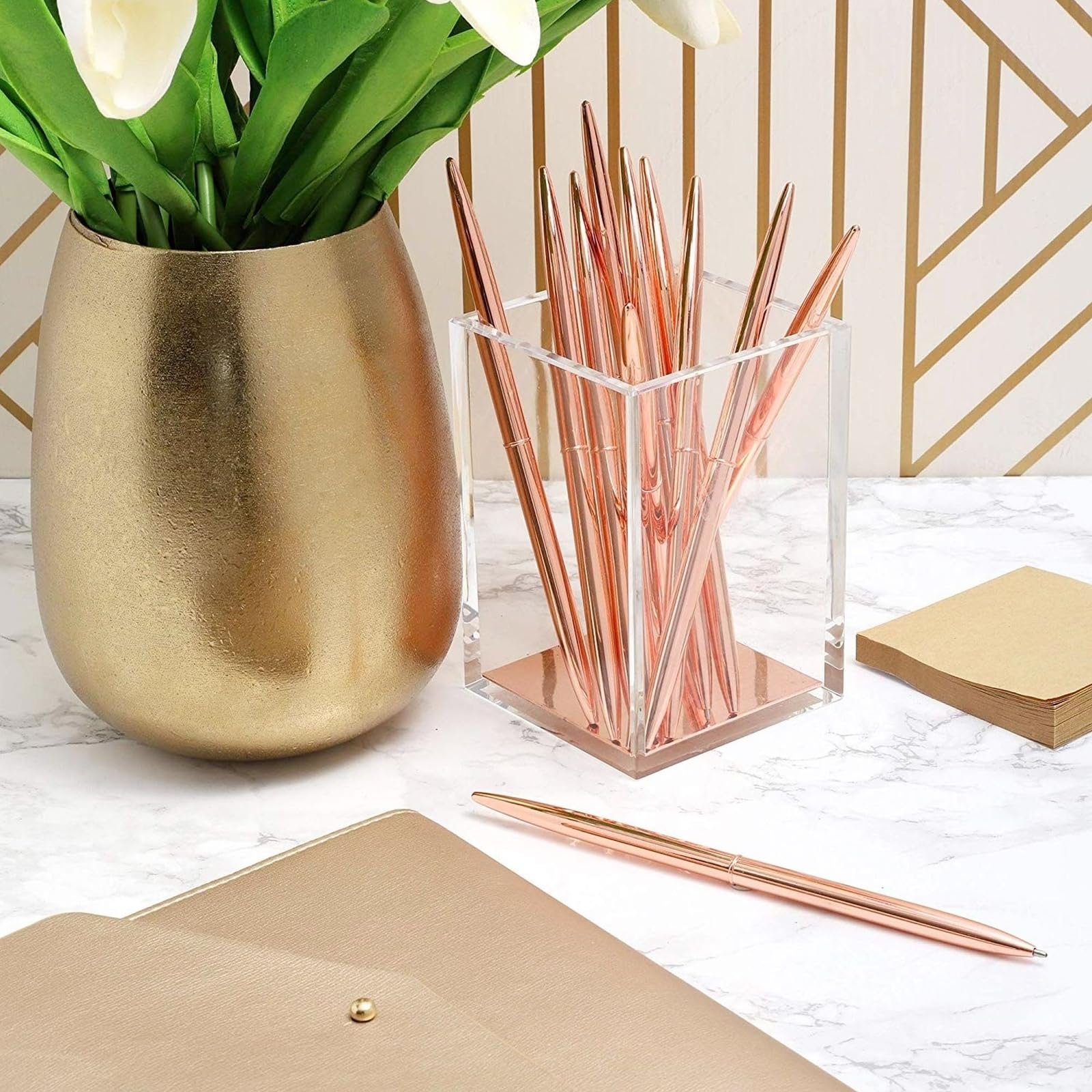 Rose Gold Pens with Black Ink,Luxury Ballpoint Gold Pen Set of 6 in Glossy White Gift Box Office Supplies