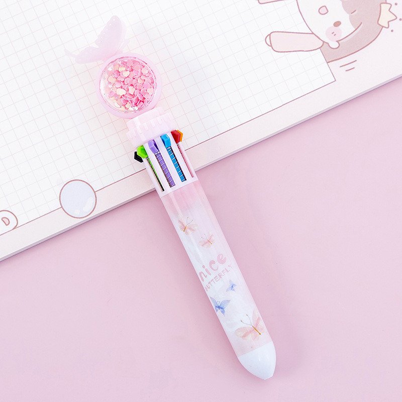 Hot Selling Wholesale 10 Colors in 1 Retractable Plastic Ballpoint Pen Cute Butterfly Multicolor Ball Pen