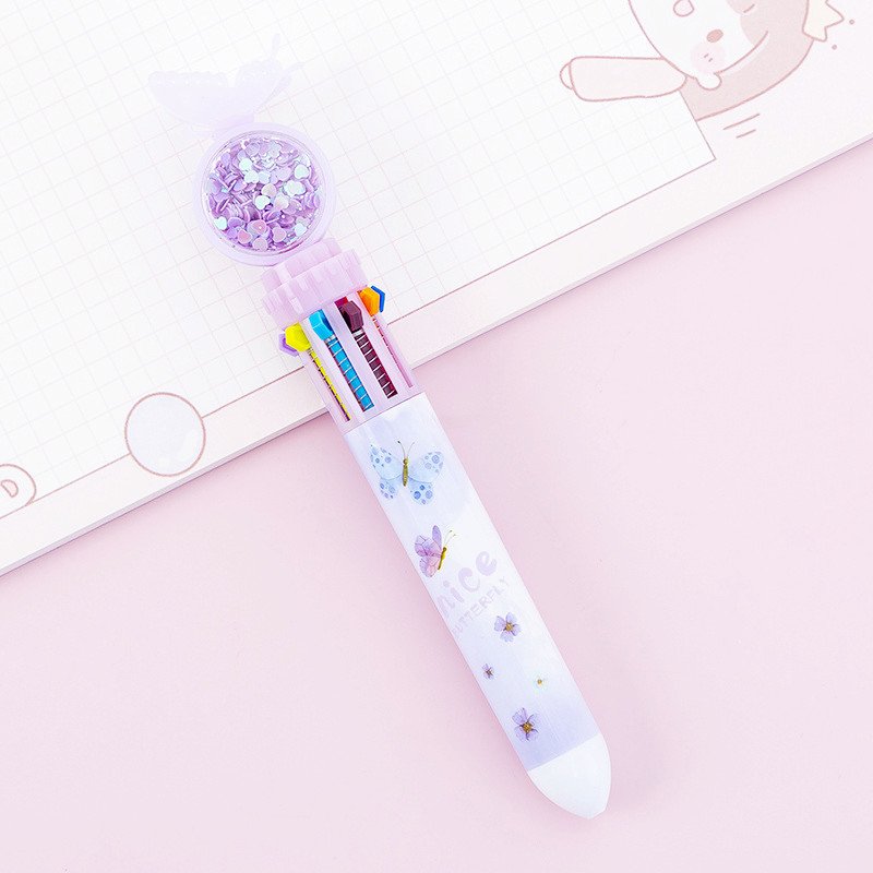 Hot Selling Wholesale 10 Colors in 1 Retractable Plastic Ballpoint Pen Cute Butterfly Multicolor Ball Pen