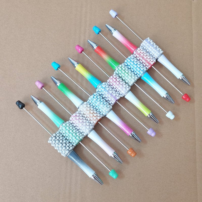 pearl Hot Sale Personalized Ballpoint DIY Pens Top Pink Glitter Beaded Plastic Beadable Pens for Jewelry Making Toys