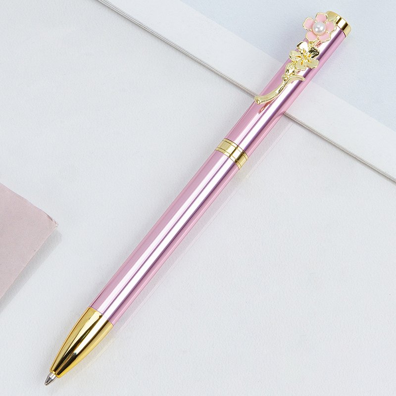 High Quality Luxury Gold Peach Blossom Clip Ball Pen Lovely Pink Flower Ball Pen With Custom Logo