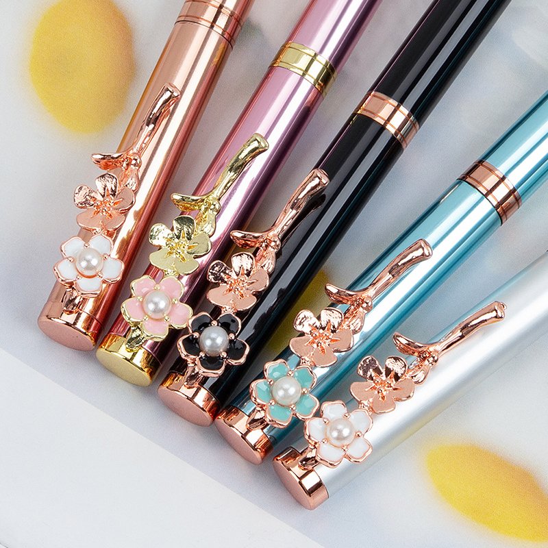 High Quality Luxury Gold Peach Blossom Clip Ball Pen Lovely Pink Flower Ball Pen With Custom Logo