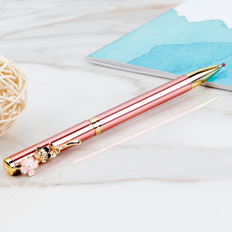 High Quality Luxury Gold Peach Blossom Clip Ball Pen Lovely Pink Flower Ball Pen With Custom Logo