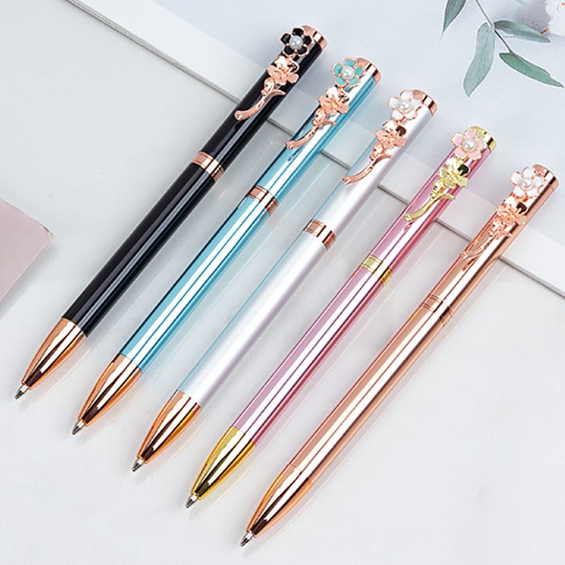 High Quality Luxury Gold Peach Blossom Clip Ball Pen Lovely Pink Flower Ball Pen With Custom Logo