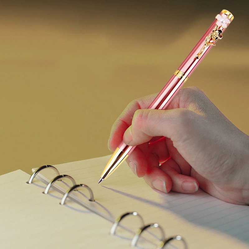 High Quality Luxury Gold Peach Blossom Clip Ball Pen Lovely Pink Flower Ball Pen With Custom Logo