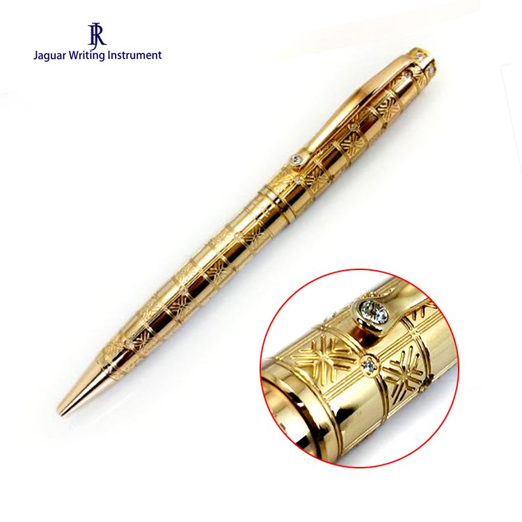 JR3633 Business office stationery luxury metal engraved pattern crystal ballpoint pen