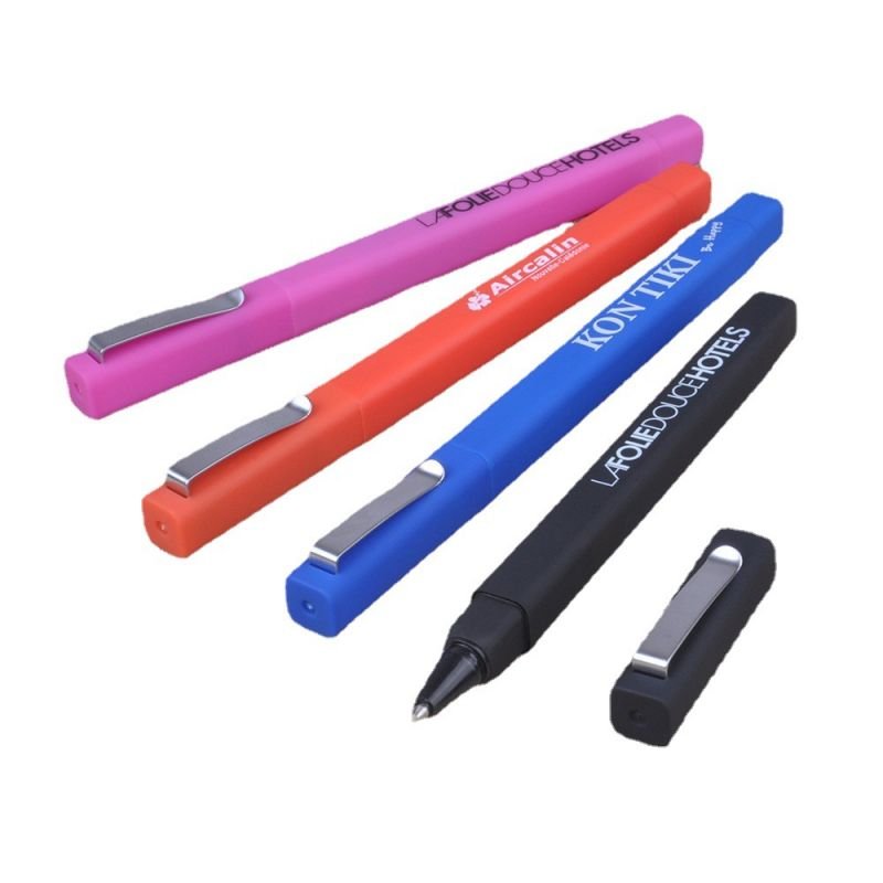 stock high quality gold clip square Promotional plastic ballpoint pen rubber finished hotel stationery Customized custom logo