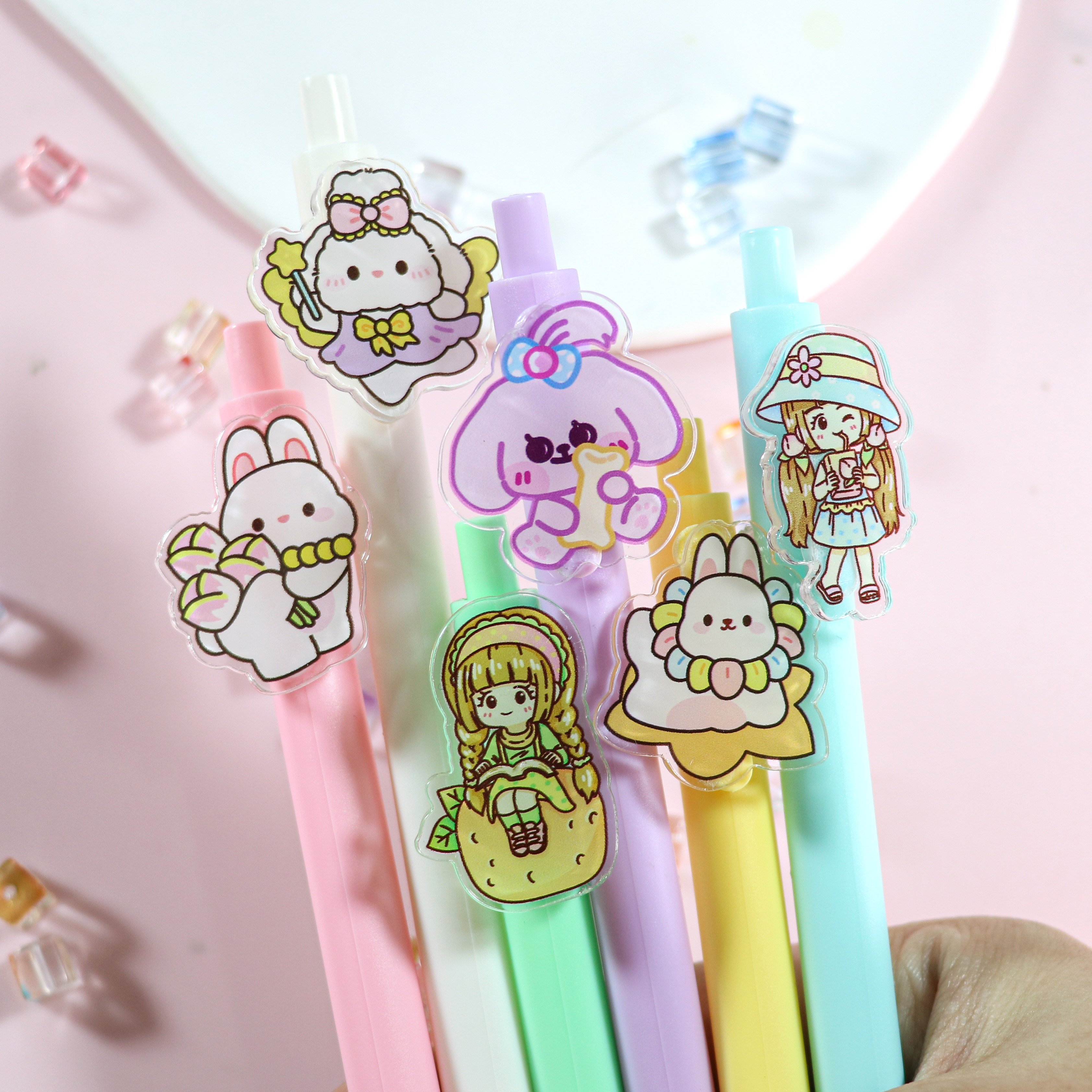 wholesale Custom charm cartoon Ballpoint Pen soft cute fashion color cute acrylic Rubber Clip ballpoint pen LED pen