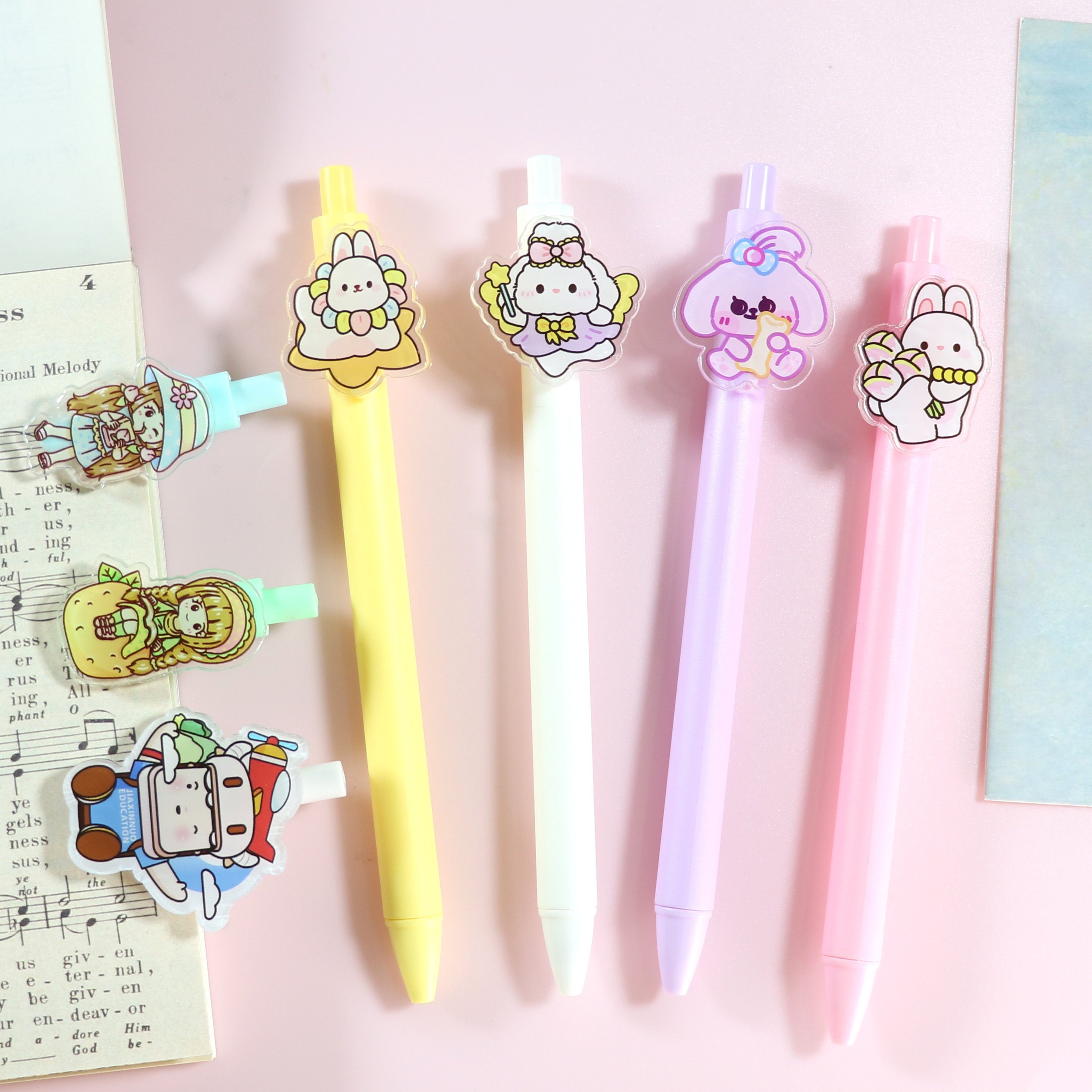 wholesale Custom charm cartoon Ballpoint Pen soft cute fashion color cute acrylic Rubber Clip ballpoint pen LED pen