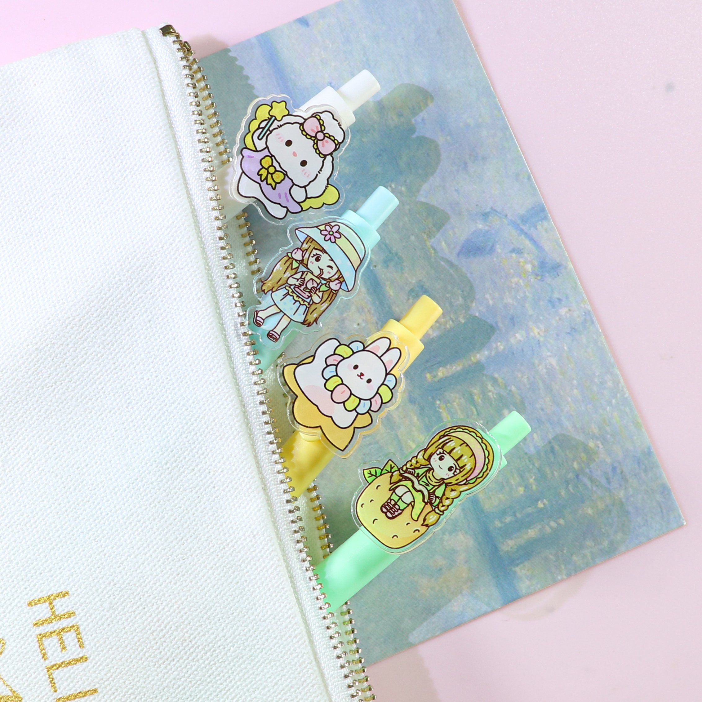 wholesale Custom charm cartoon Ballpoint Pen soft cute fashion color cute acrylic Rubber Clip ballpoint pen LED pen