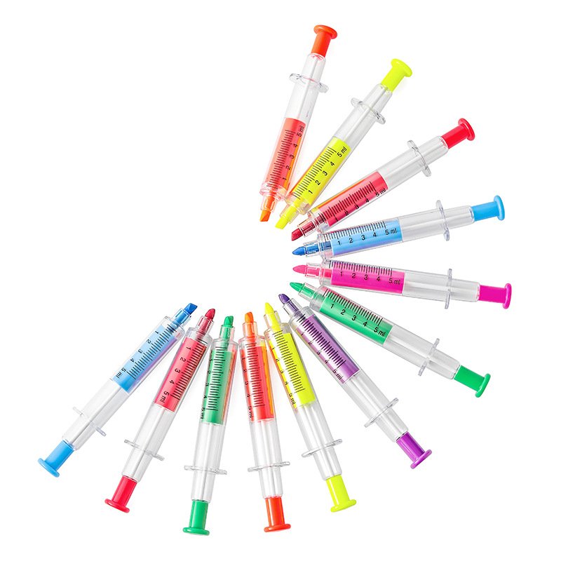 2 in 1 syringe pen with highlighter ballpoint pen plastic Injection syringe ball pen