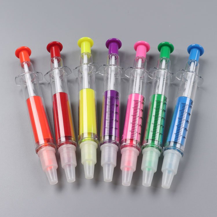 2 in 1 syringe pen with highlighter ballpoint pen plastic Injection syringe ball pen