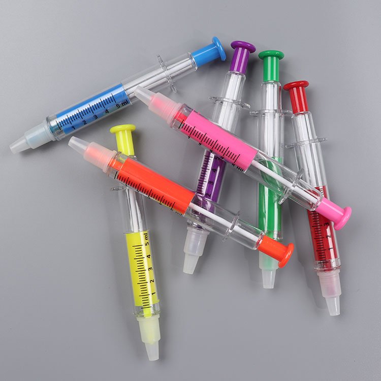 2 in 1 syringe pen with highlighter ballpoint pen plastic Injection syringe ball pen